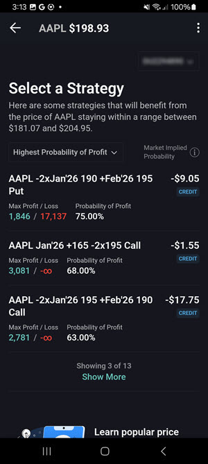 The options wizard select strategy on the Android Phone